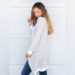 Tickled Teal White And Black Striped Pocket Cardigan Lightweight Soft Career